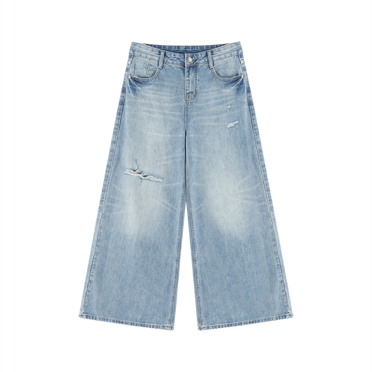 RXR Women's Vintage Wash Distressed Wide Leg Jeans